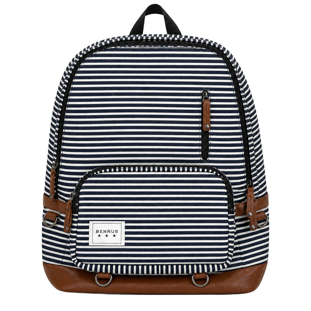 Benrus Blue and White Striped Canvas Backpack with Brown Faux Leather Trim 1
