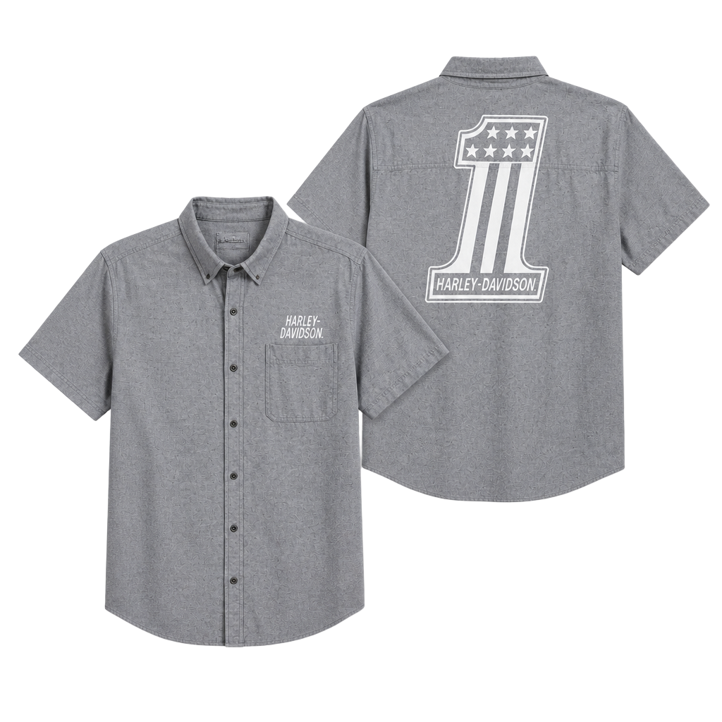 Harley-Davidson Men's #1 Graphic Short Sleeve Woven Casual Shirt - Gray 99006-20VM 1