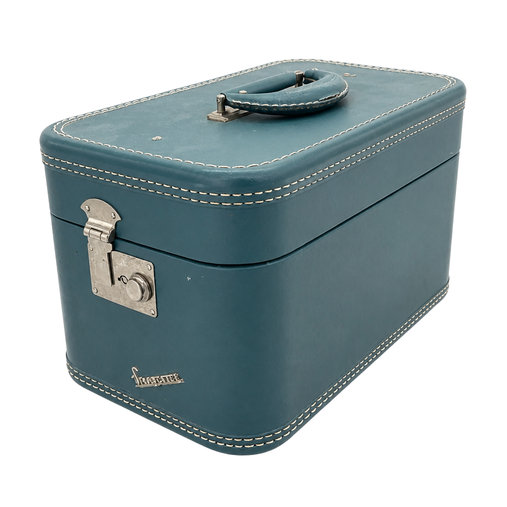 Vintage American Tourister Tri-Taper Blue Vinyl Train Case Travel Luggage 1