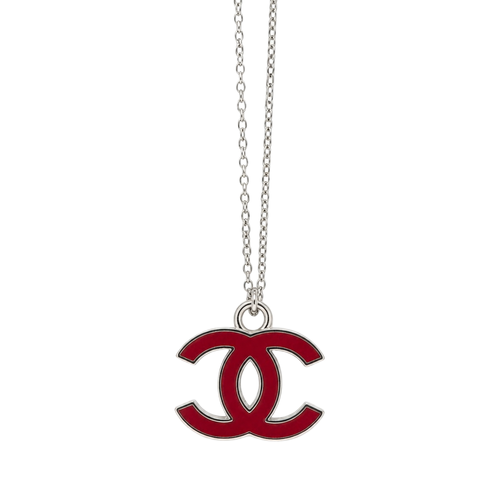 Chanel CC Pendant Necklace Red Enamel Silver Tone 1