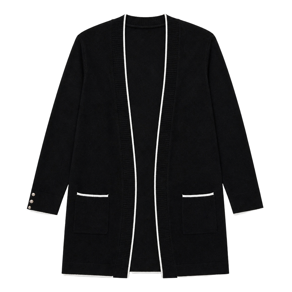 89th & Madison Black Open Front Tipped Cardigan with Button Cuffs 1