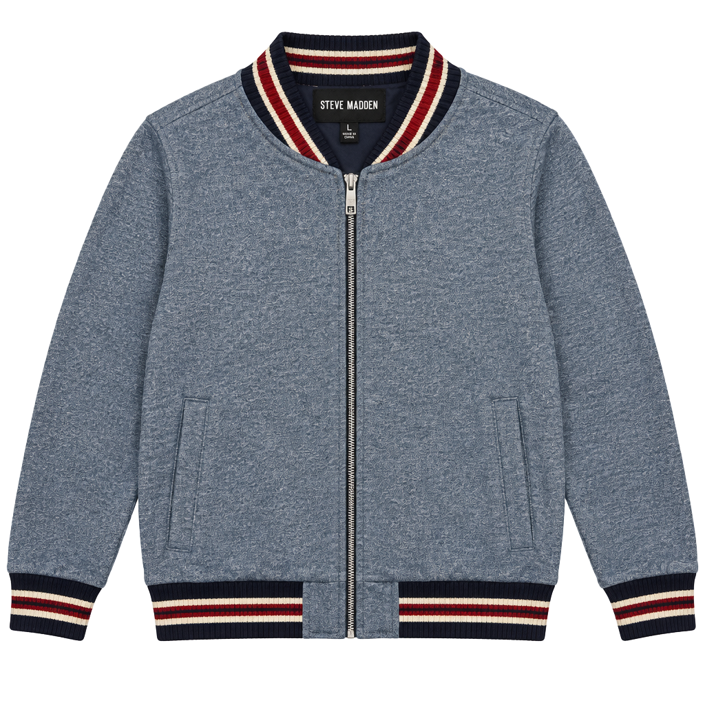 Steve Madden Denim Bomber Jacket Size L Striped Rib Trim 1