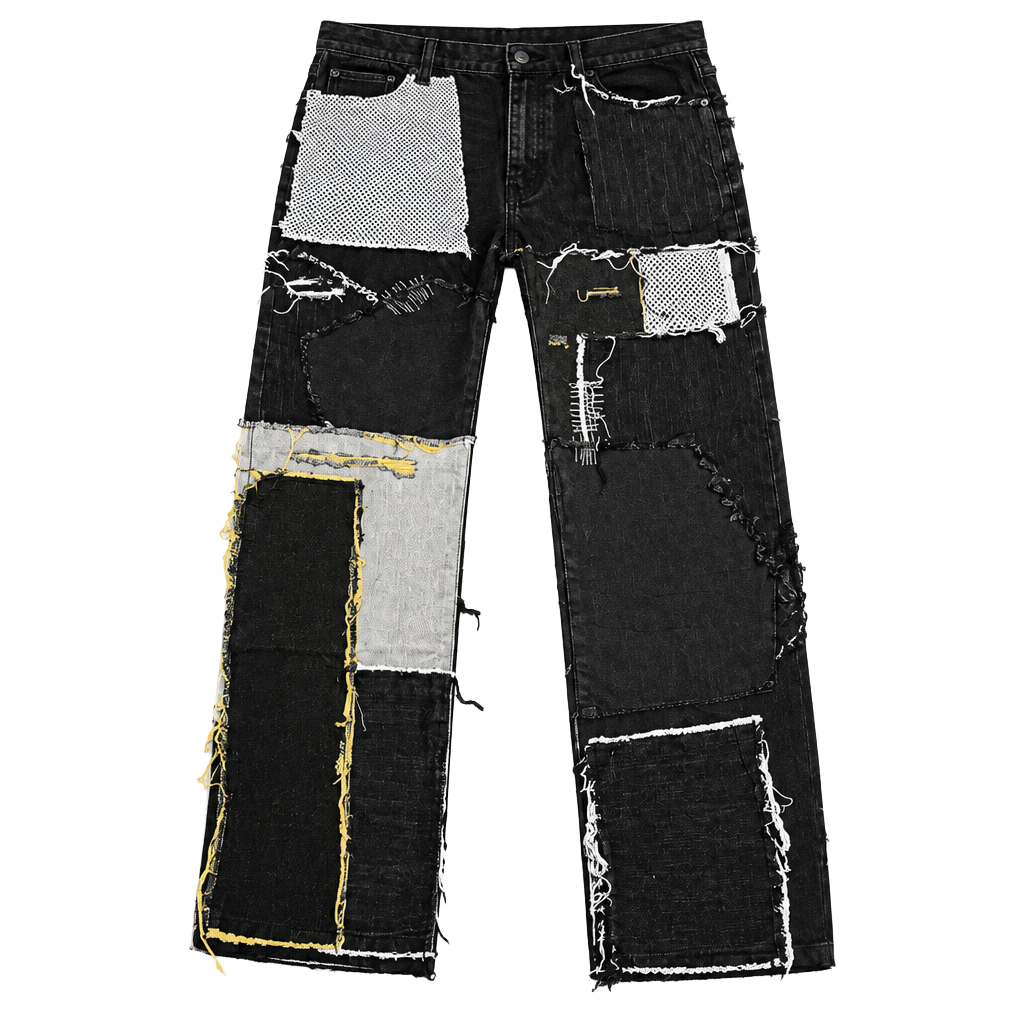MNML Black Multi-Fabric Patchwork Distressed Denim Jeans 1