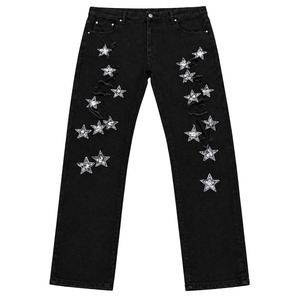 Watson Paisley Star Patch Distressed Black Denim Jeans 1