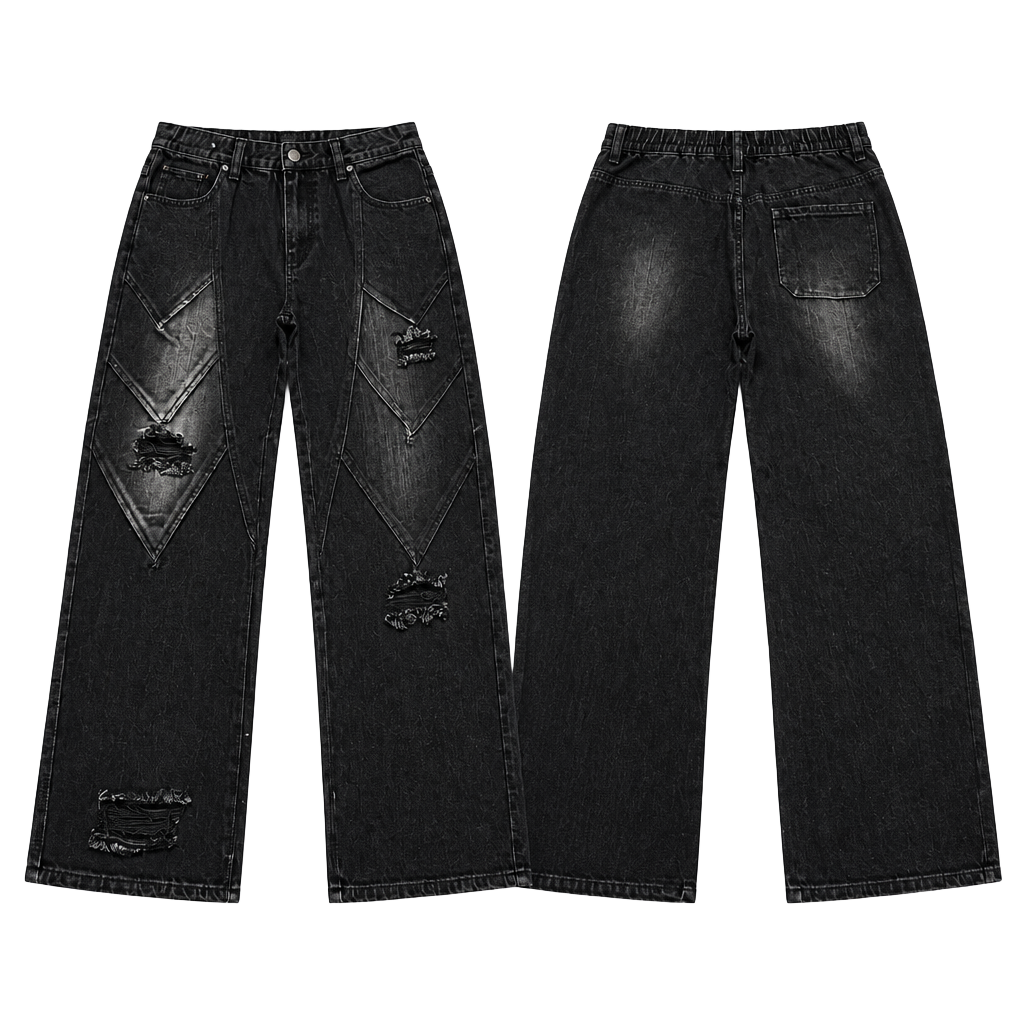 Watson Distressed Diamond Panel Baggy Denim Jeans – Jet Black 1