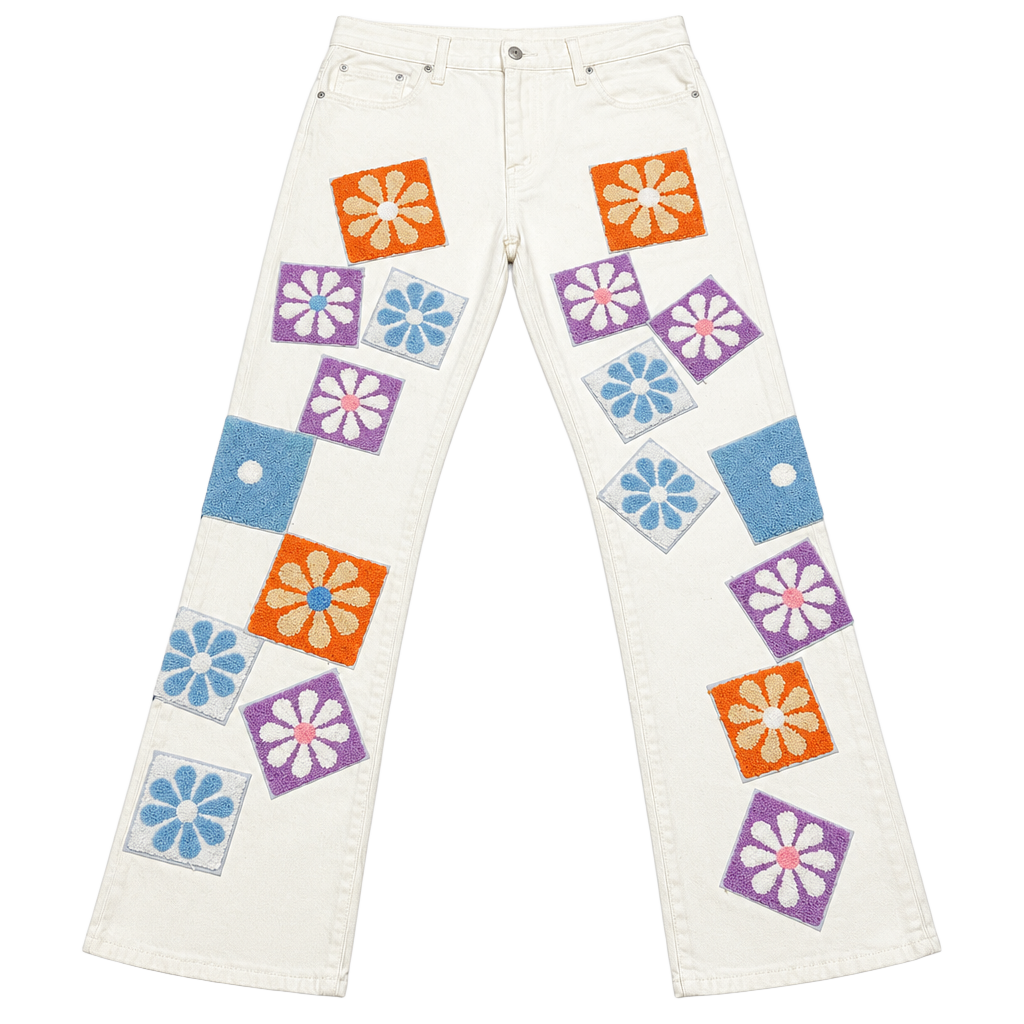 Watson Denim Floral Chenille Patchwork White Jeans 1