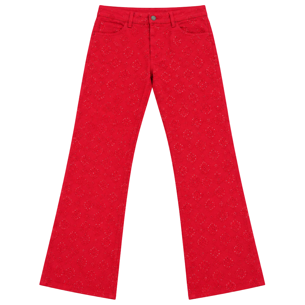 Liquid Crystal Red Rhinestone Diamond Stacked Denim Jeans 1