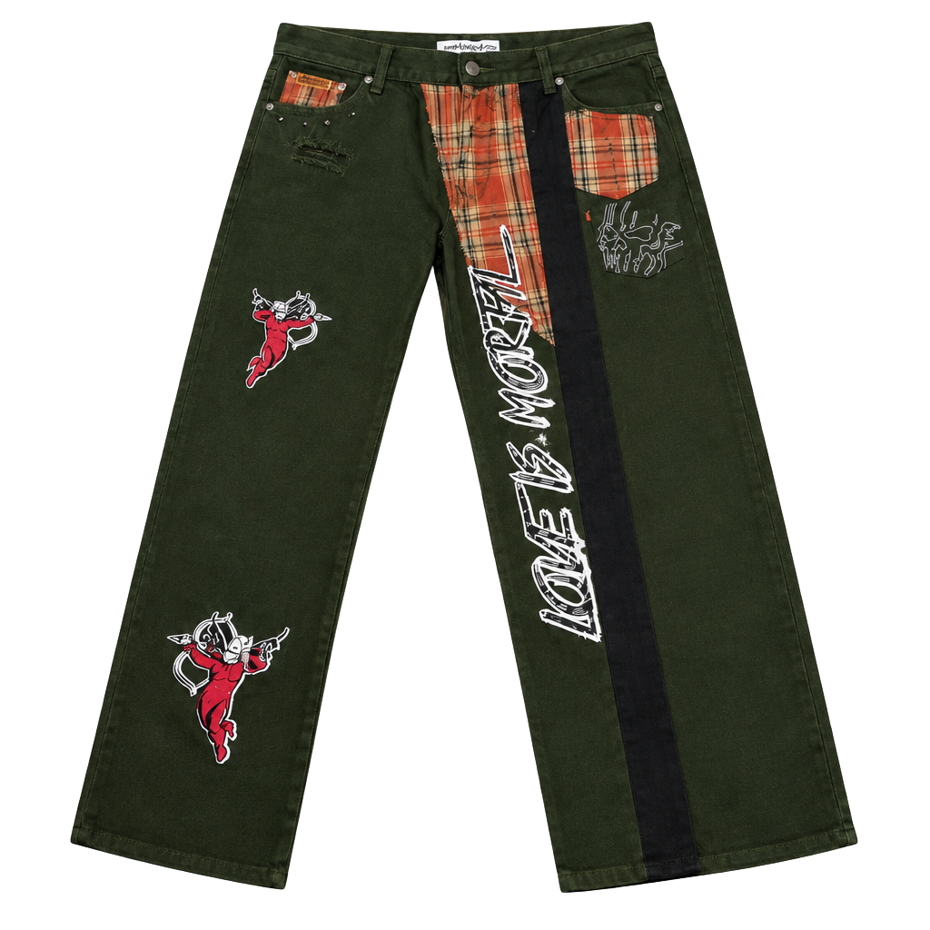 Brand X Love Is Mortal Dark Green Plaid Patchwork Jeans 1