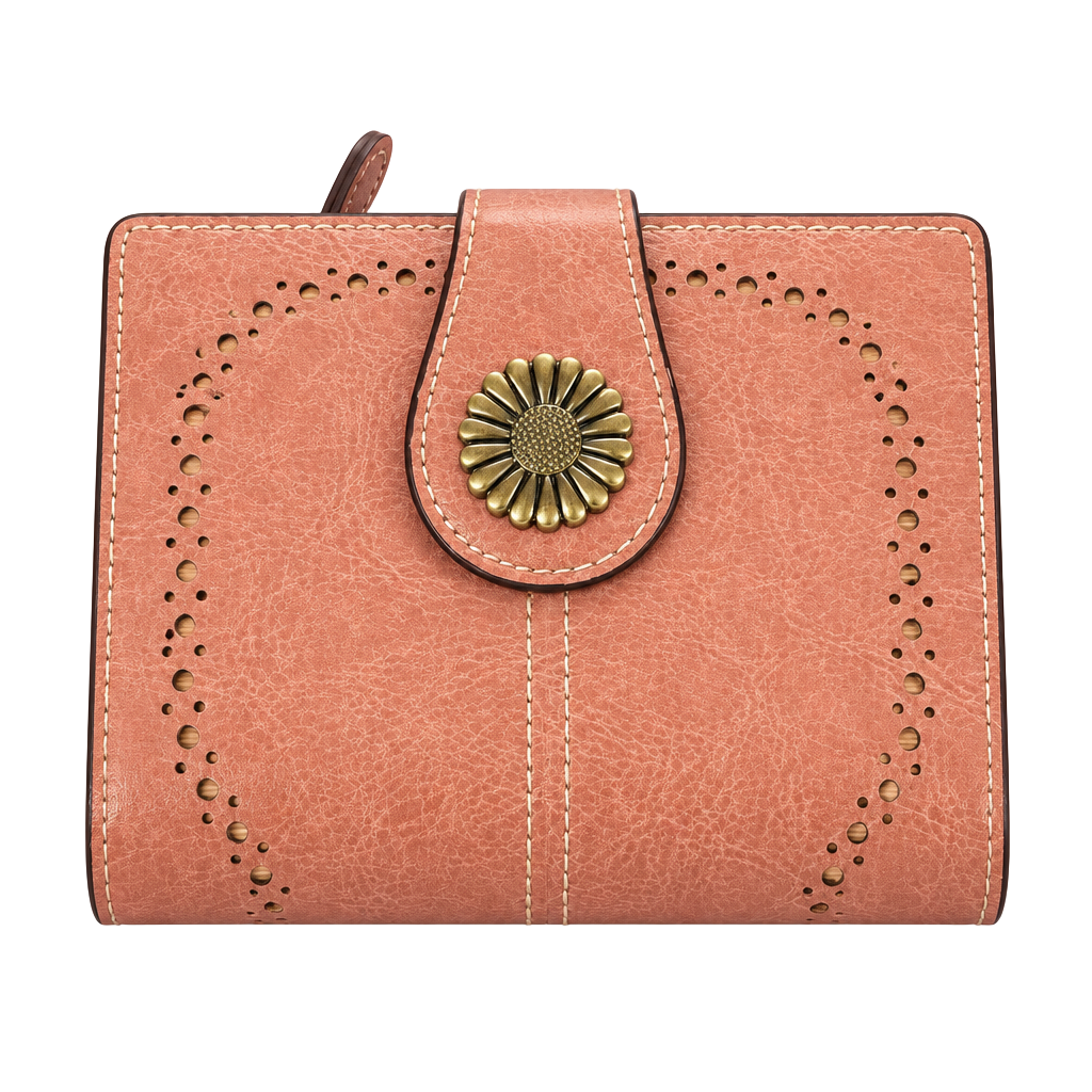 Pink Leather Bifold Sunflower Clasp Wallet 1