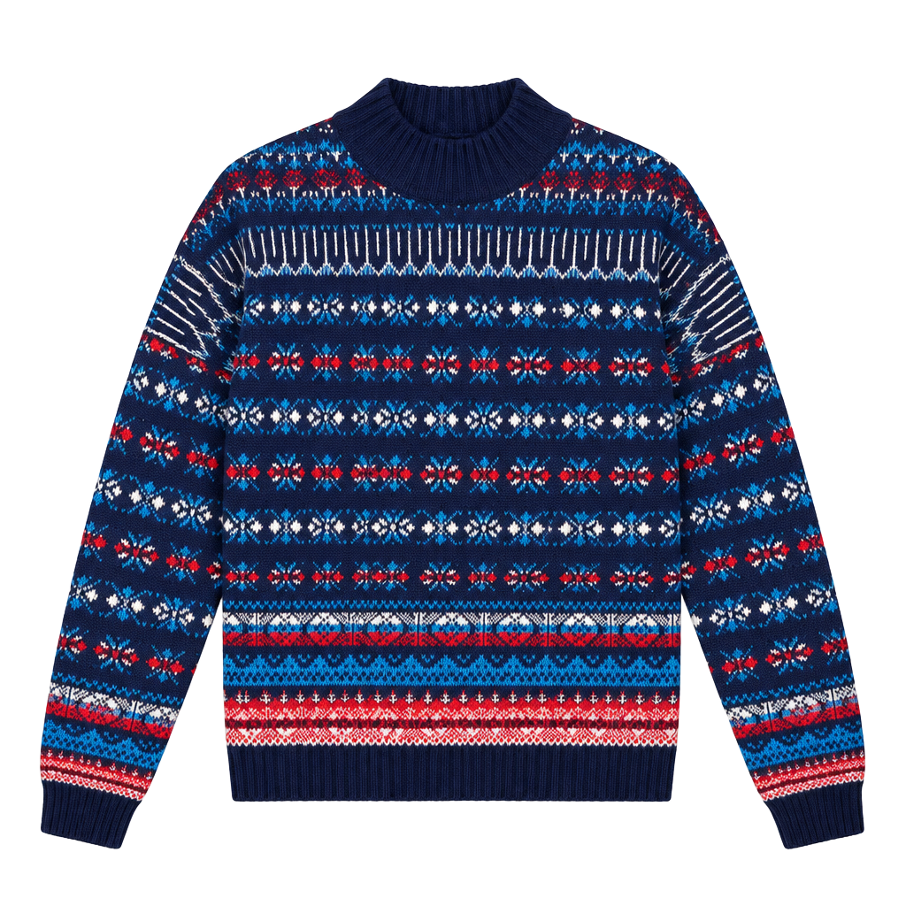 Loft Fair Isle Mock Neck Sweater Navy Red Size Medium 1