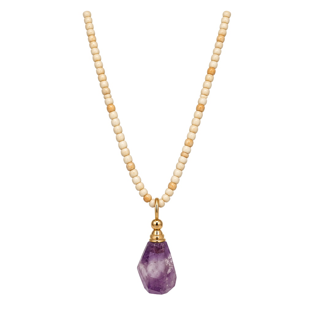 Vintage Bone Bead Necklace Amethyst Gold Pendant 1