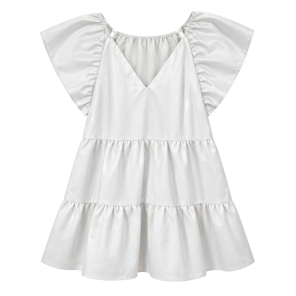 Buddylove Ruffle Sleeve Vegan Leather Dress Cream Xtra Large Boho, Baby Doll 1