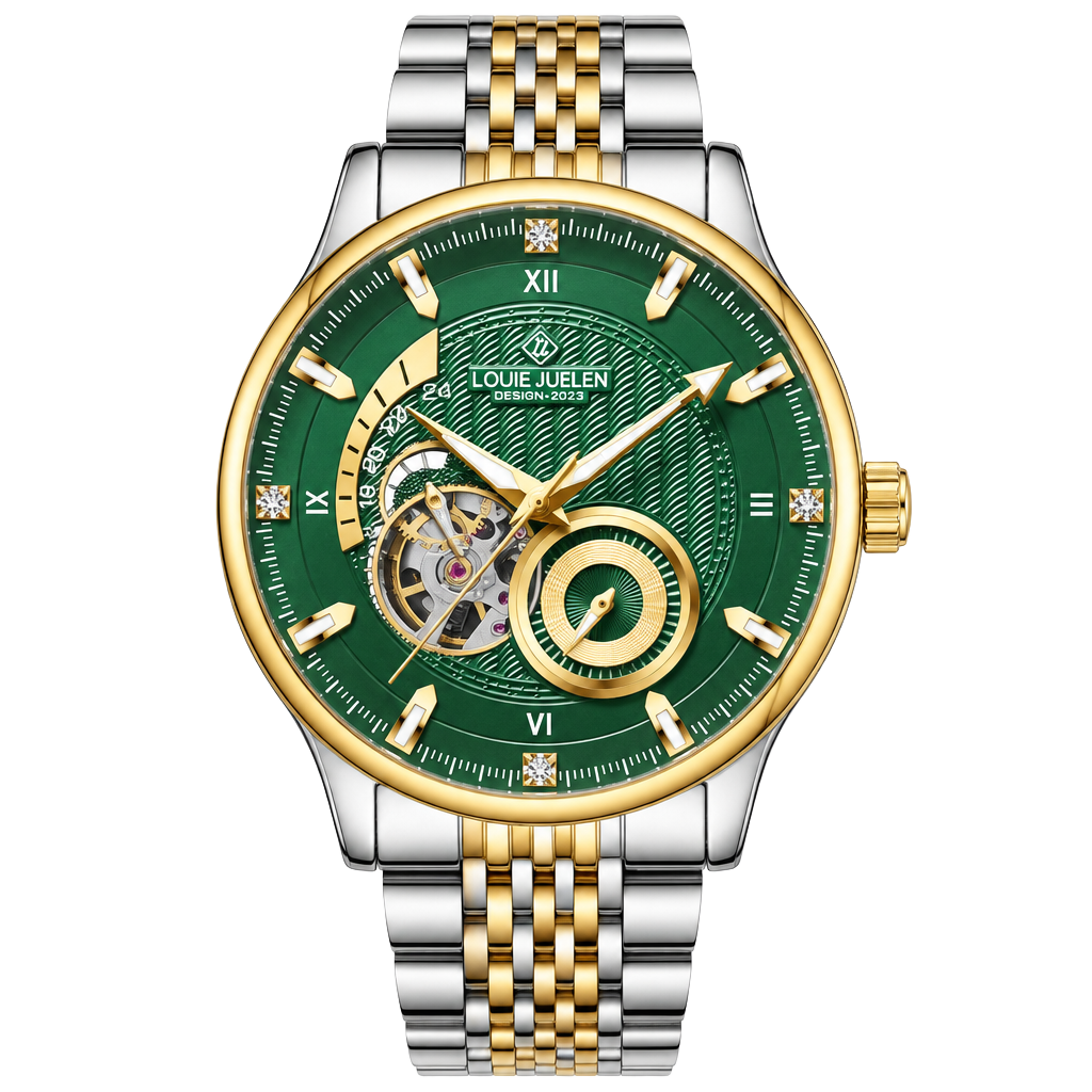 Louie Juelen Men Automatic Skeleton Watch Green Dial Two-Tone Gold Silver Steel 1