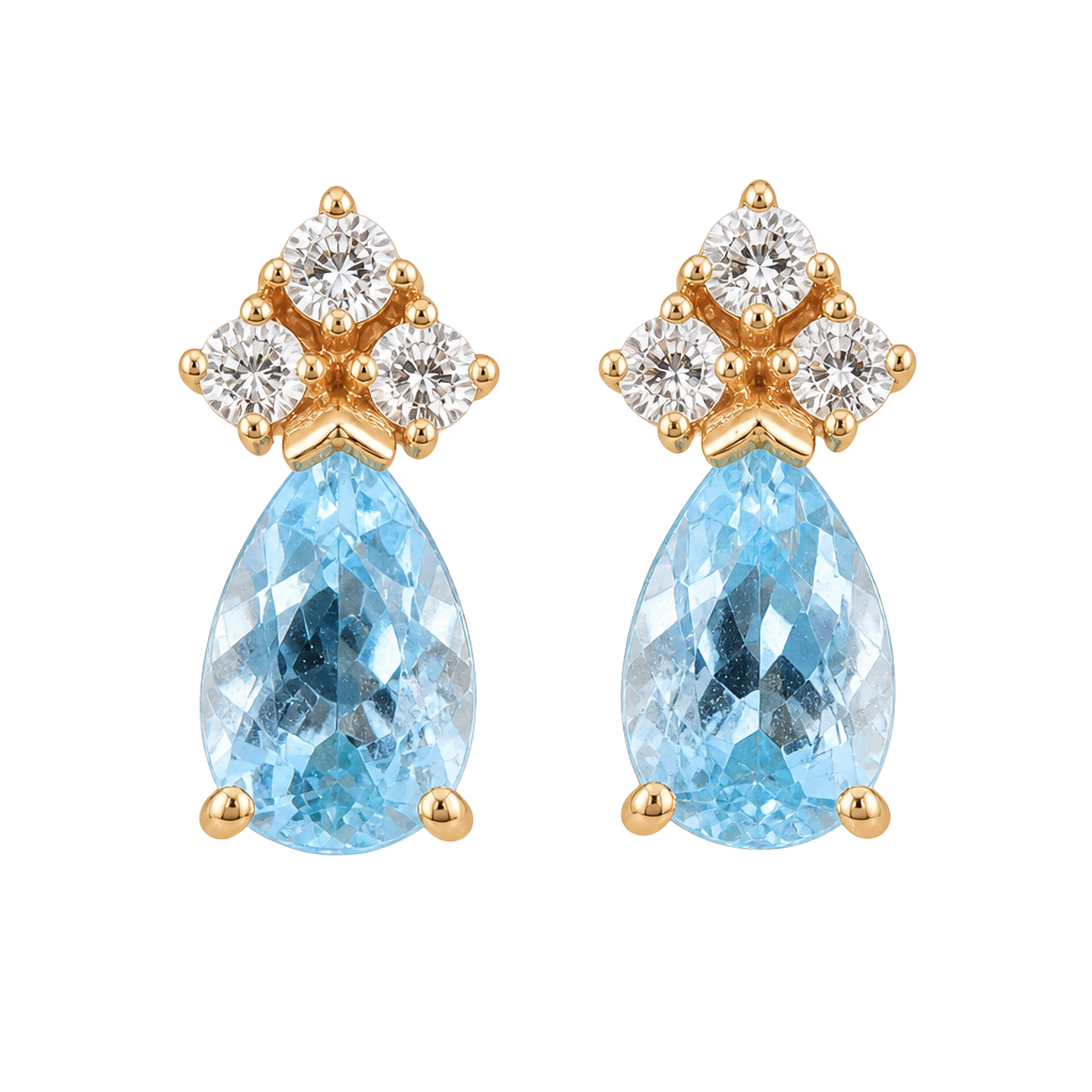 14k Yellow Gold Pear-Shaped Aquamarine and Diamond Dangle Earrings 1