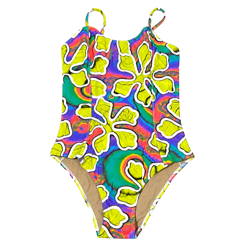 Retro Y2K Fluidos Psychedelic Floral One-Piece Swimsuit Size M Made in Brazil 1
