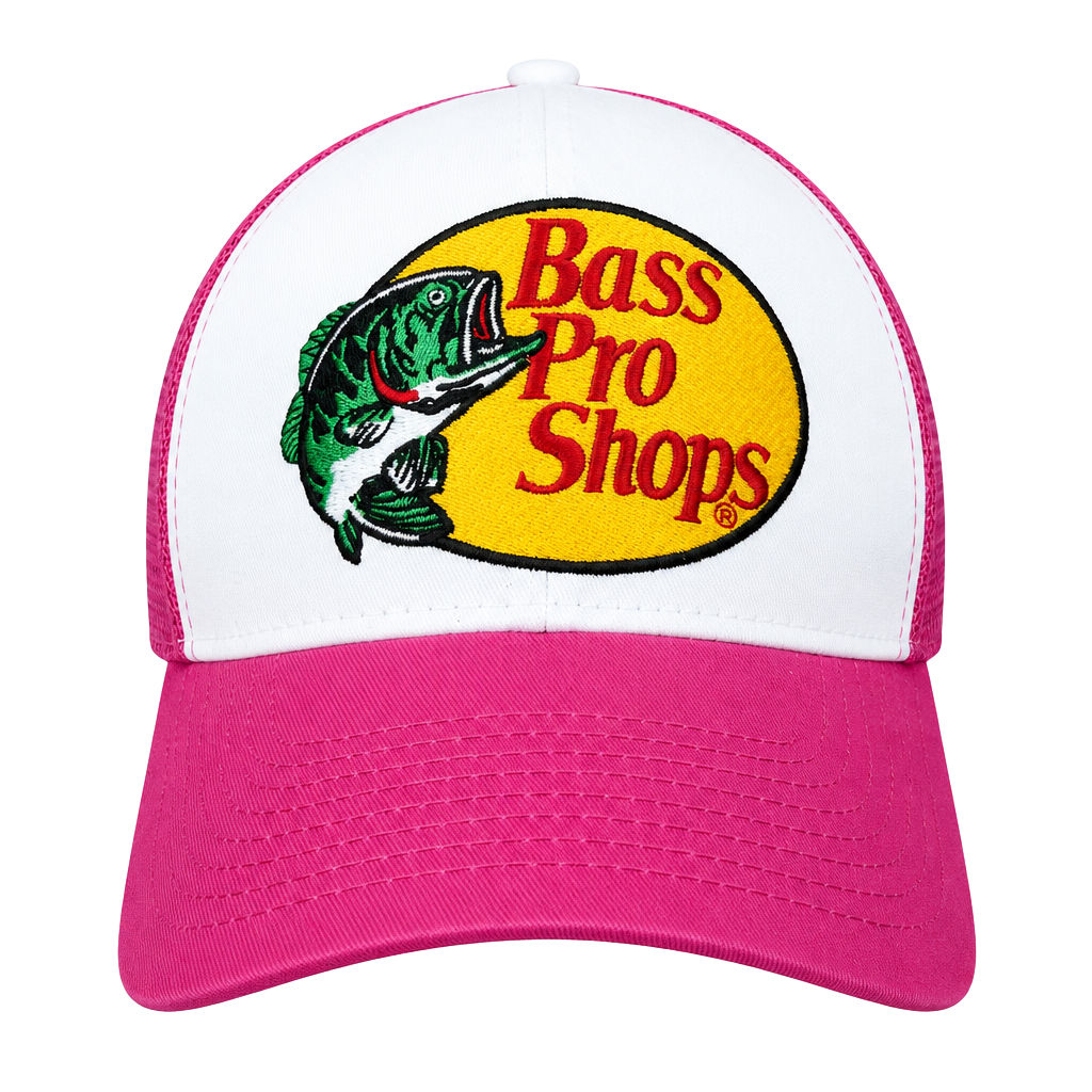Bass Pro Shops Trucker Hat Pink White Mesh Snapback Cap 1