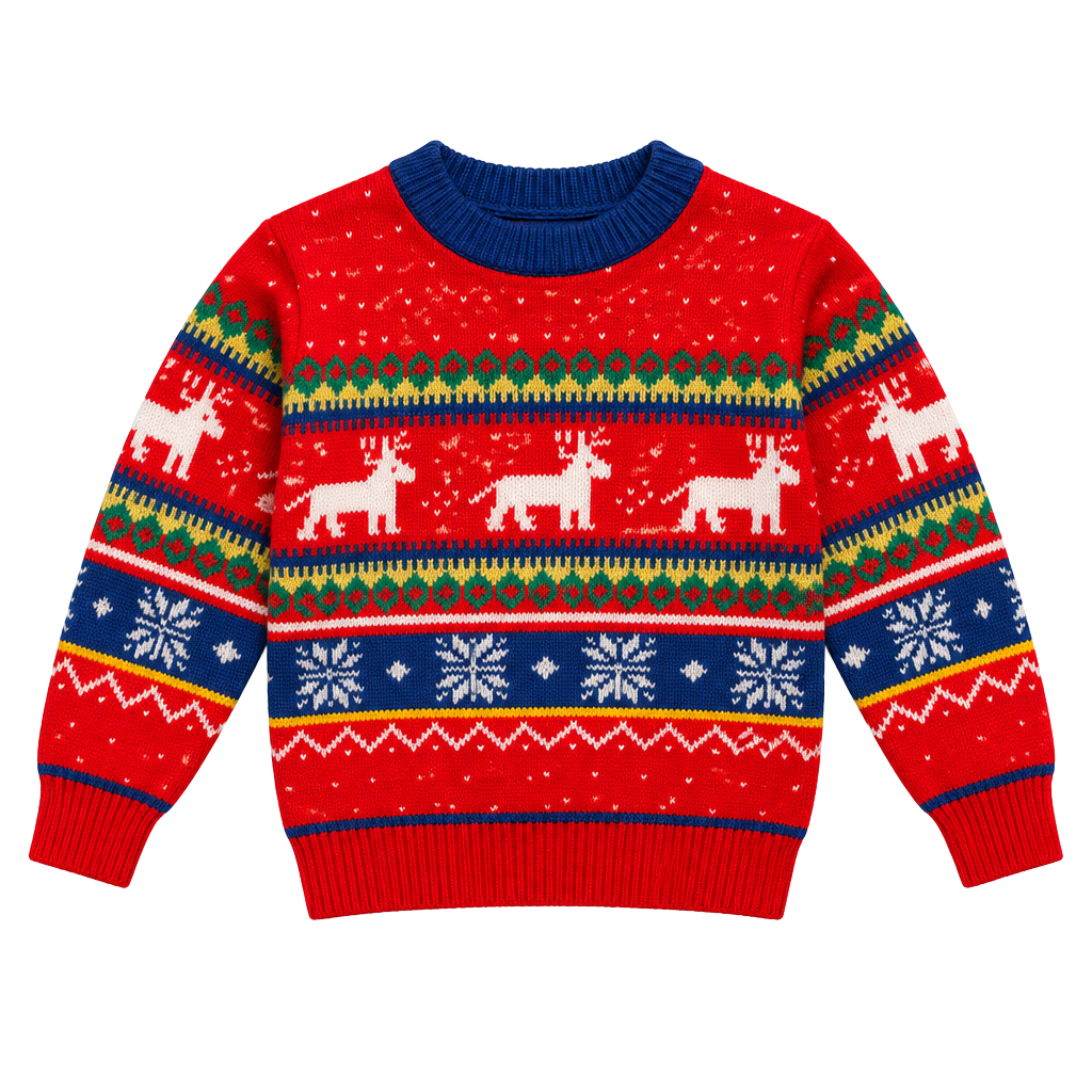 Vintage Kids Christmas Sweater Size 5-6 Red Reindeer Fair Isle Knit Pullover 1