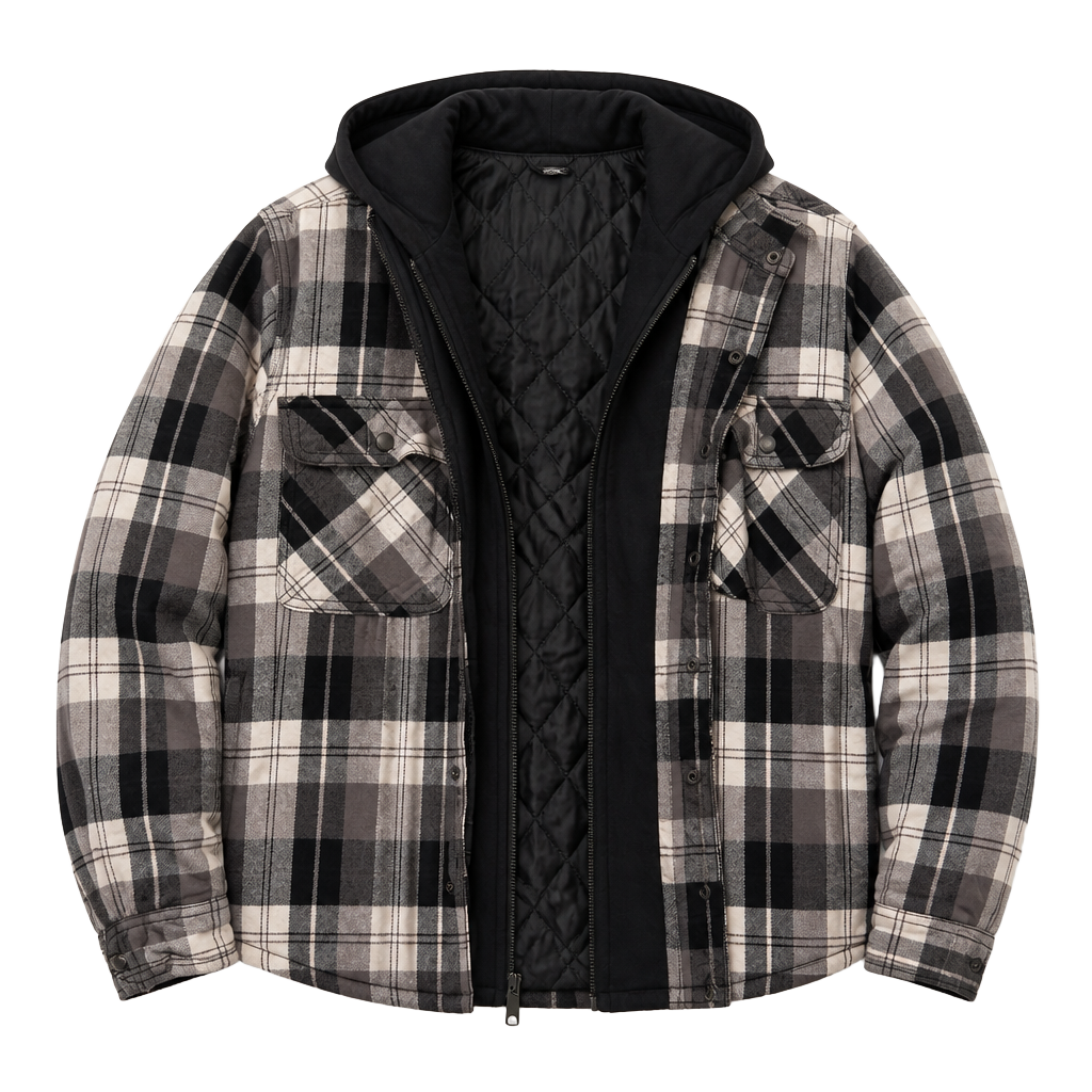 Berkley Jensen Hooded Flannel Jacket Size M Black White Plaid Quilted 1