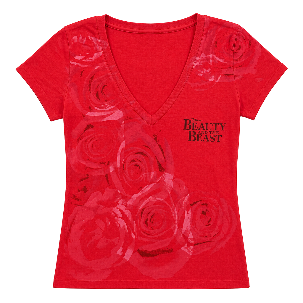 Women’s Disney Beauty and the Beast Broadway Musical V-Neck Rose Shirt Red 1