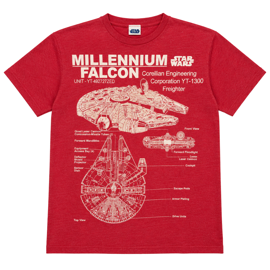 Star Wars Millennium Falcon Blueprint T-Shirt Size M Red Graphic Tee 1