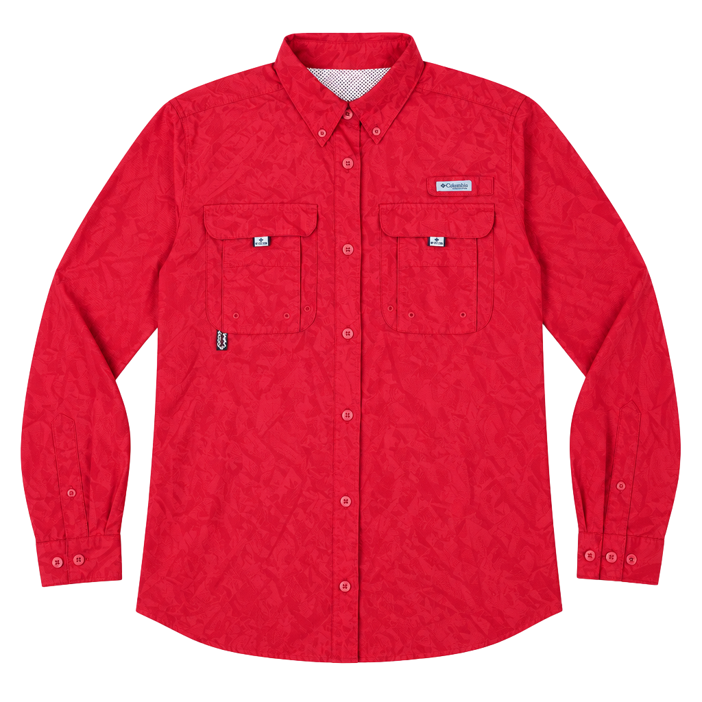 Columbia PFG Bahama II Women's Red Fishing Shirt Roll Tab Long Sleeve Small 1