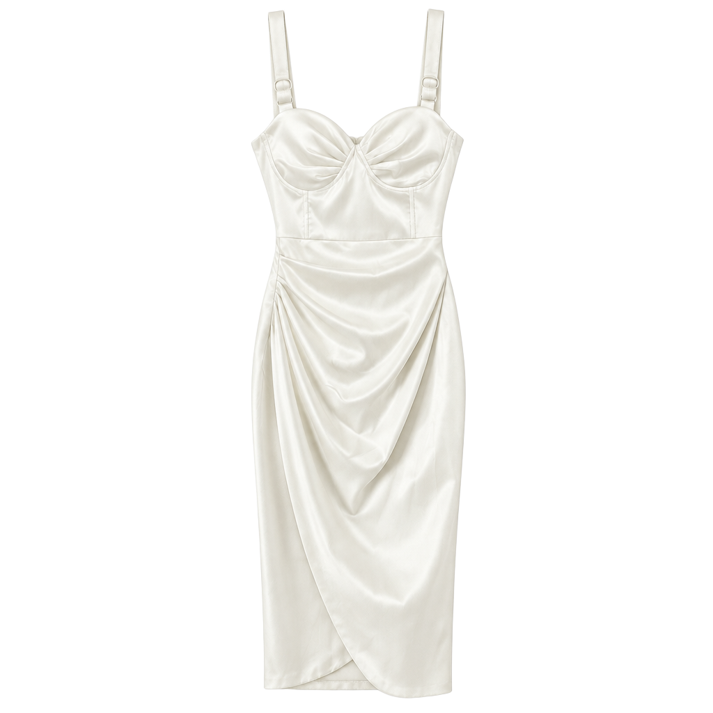 LEAU Ivory Satin Ruched Bustier Cinched Dress Size Small 1