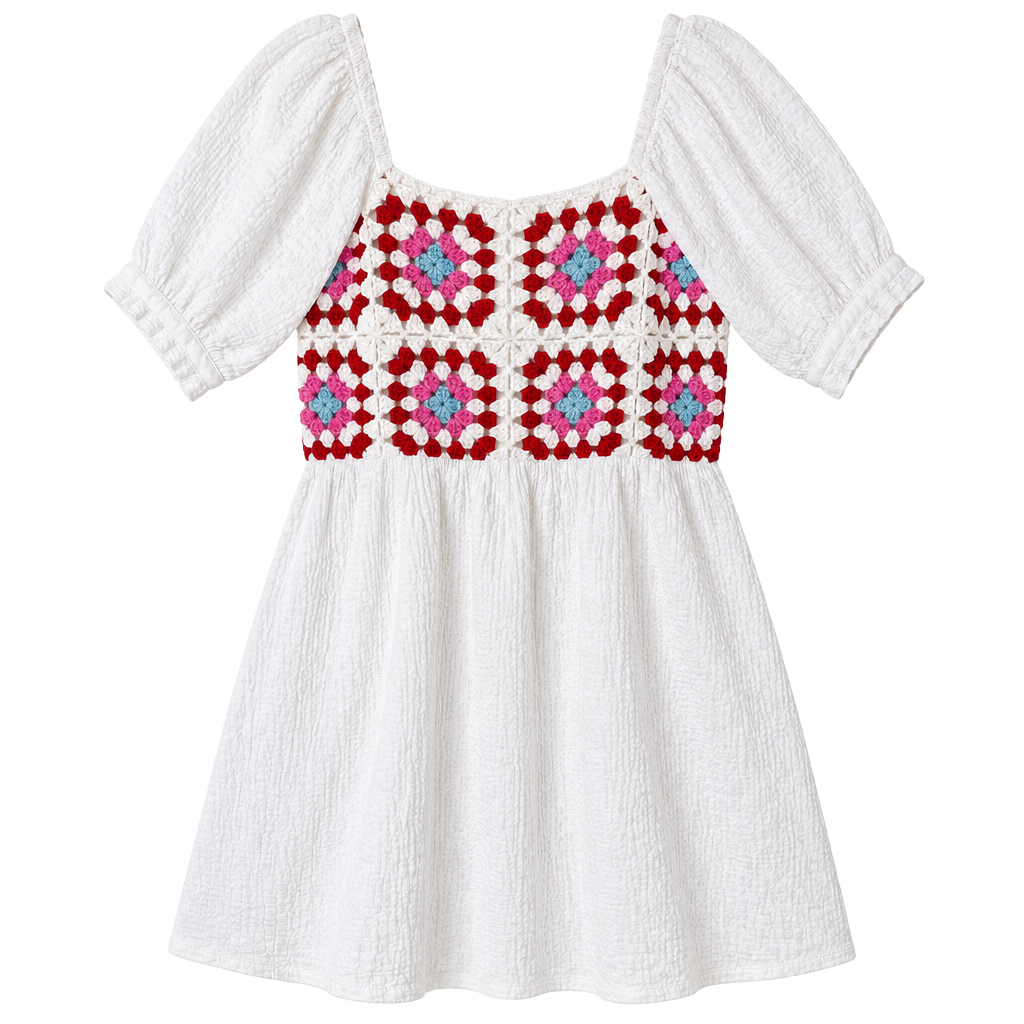 Jodifl Bluish Cream Crochet Granny Square Babydoll Mini Dress Size M 1