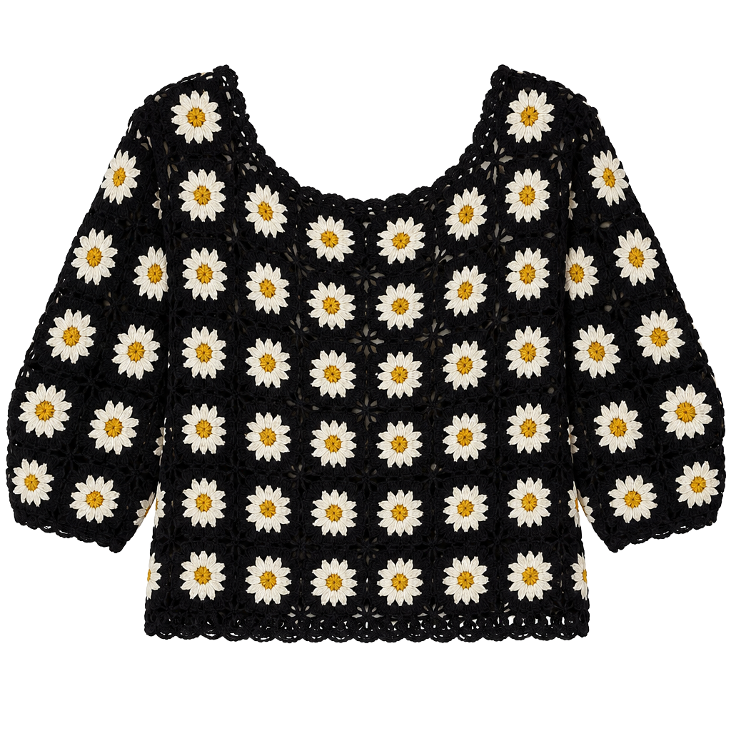MNG Black Crochet Daisy Floral Knit Sweater Top Size S 1
