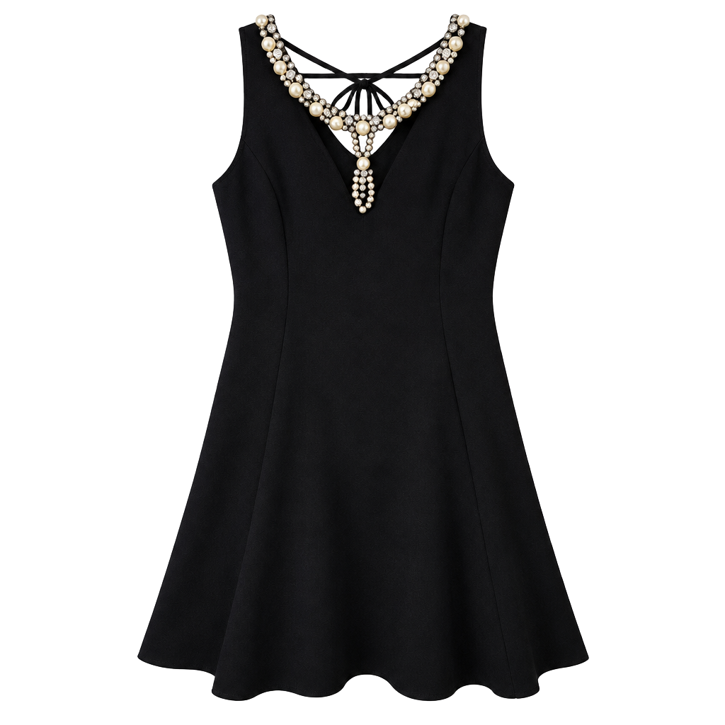 Black Pearl & Rhinestone Embellished Sleeveless Fit & Flare Dress M 1