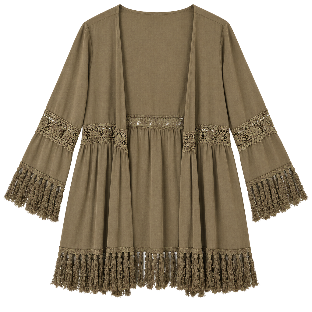 Jodifl Olive Taupe Boho Lace Fringe Open Front Kimono Cardigan L 1