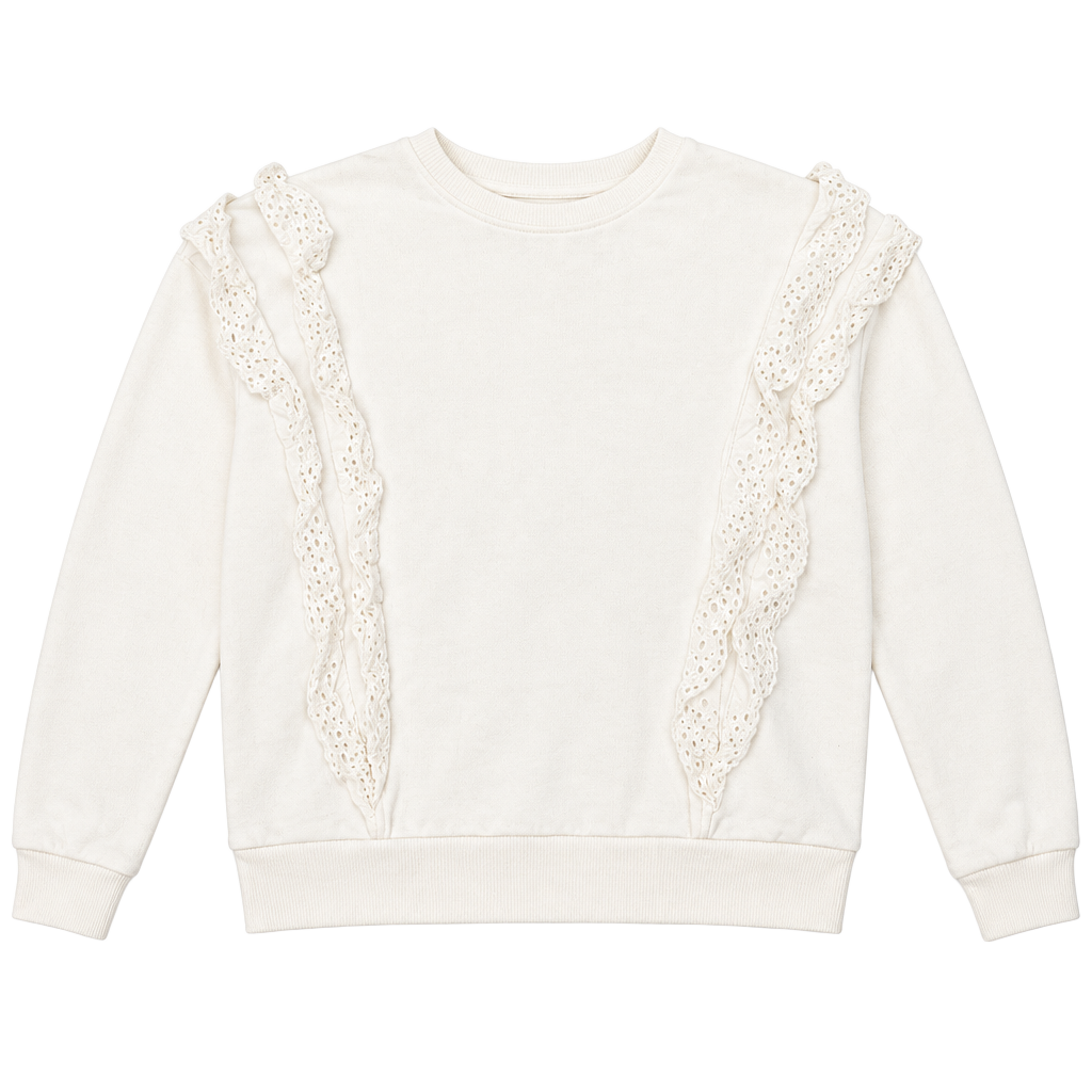 VyLette White Eyelet Lace Ruffle Trim Pullover Sweatshirt 1