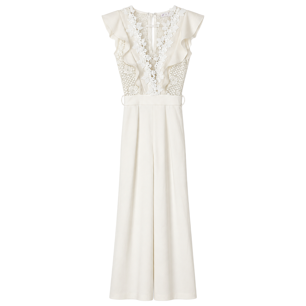 Ms. Bling Touch Of Class Jumpsuit White Lace Ruffle Wide Leg Jumpsuit Sz M 1