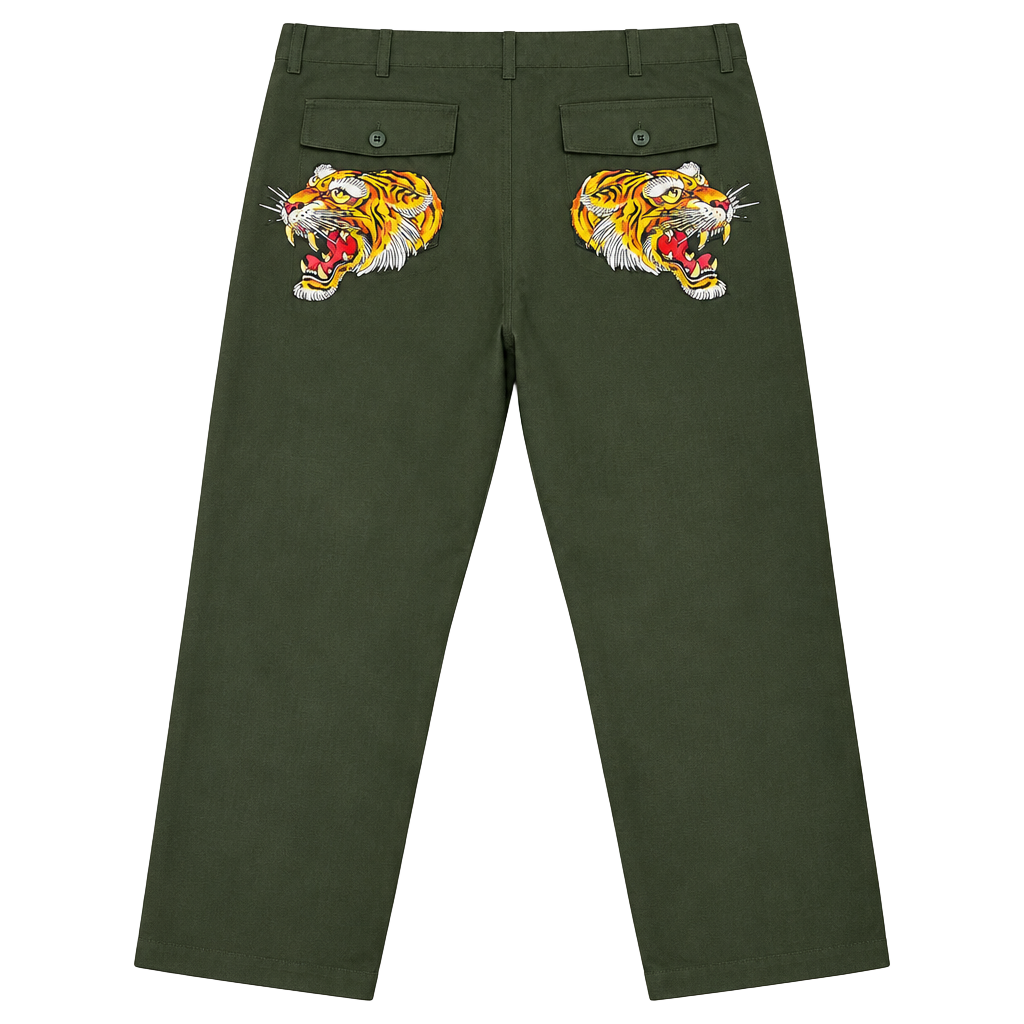 Ed Hardy Screaming Tigers Graphic Pants Size 42 Olive Green Y2K STREETWEAR 1