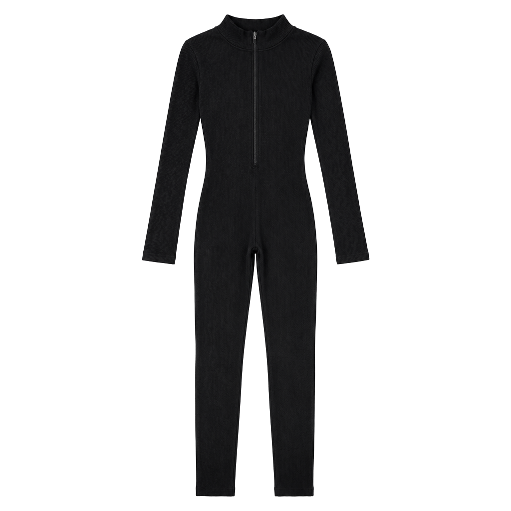 Black Ribbed Long Sleeve Zip Front Jumpsuit with Thumbholes Size L 1
