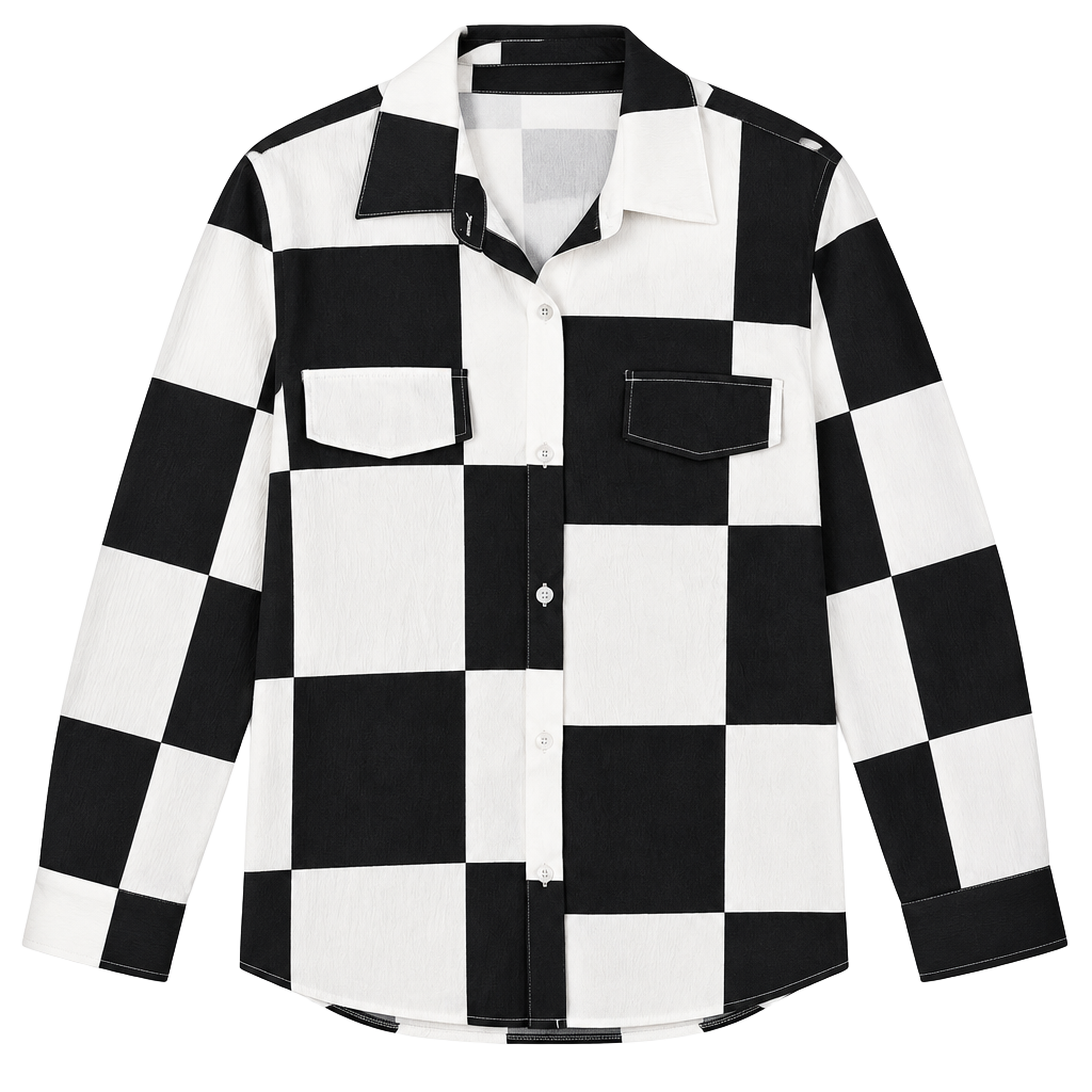 Women’s 25” P2P Black & White Oversized Checkerboard Button Down Shirt 1