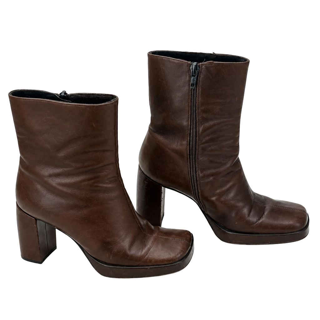 Vintage Square Toe Platform Ankle Boots in Chocolate Brown Leather 1