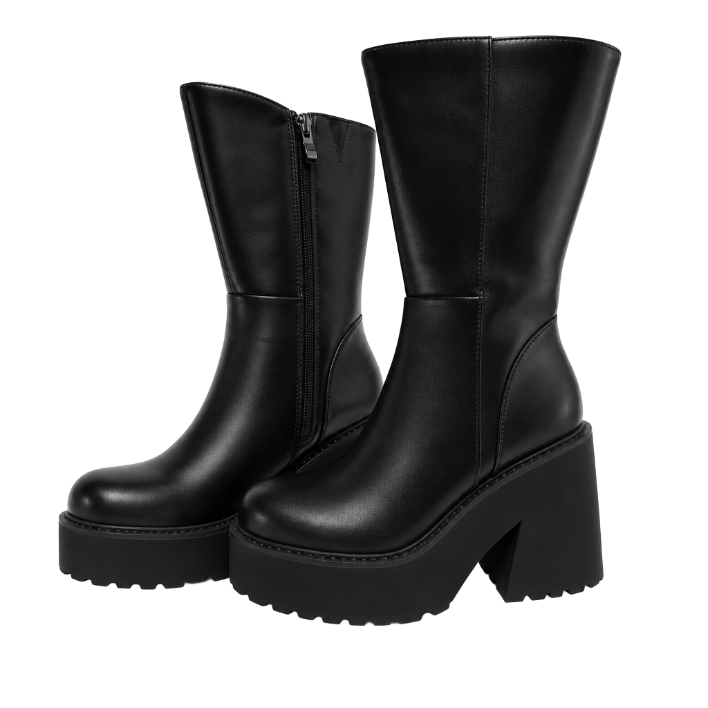 Black Platform Chunky Heel Mid-Calf Boots 1