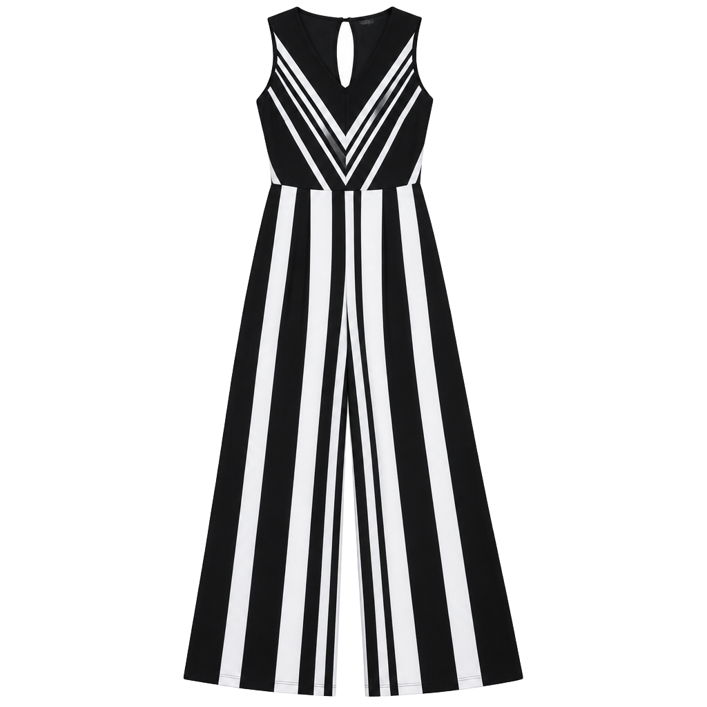 Monteau Jumpsuit Size M Black White Striped Sleeveless V-Neck 1