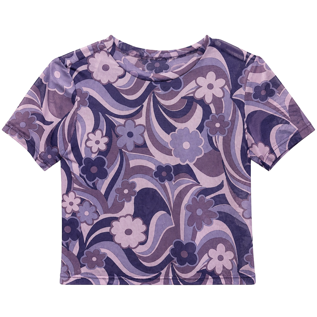 Semi Sweet Mesh Top Purple Floral Swirl Y2K 1