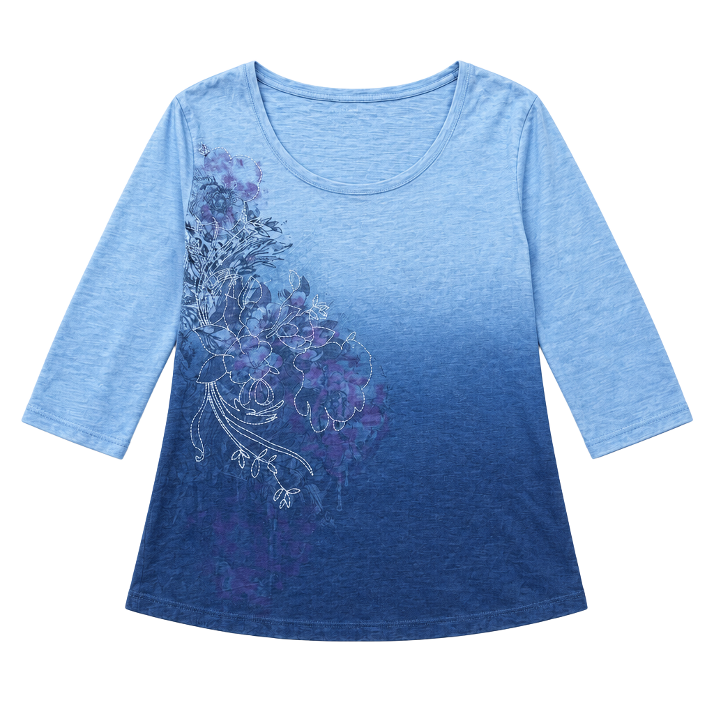 Sonoma Life + Style Top Size L Blue Ombre Floral 3/4 Sleeve Cotton 1
