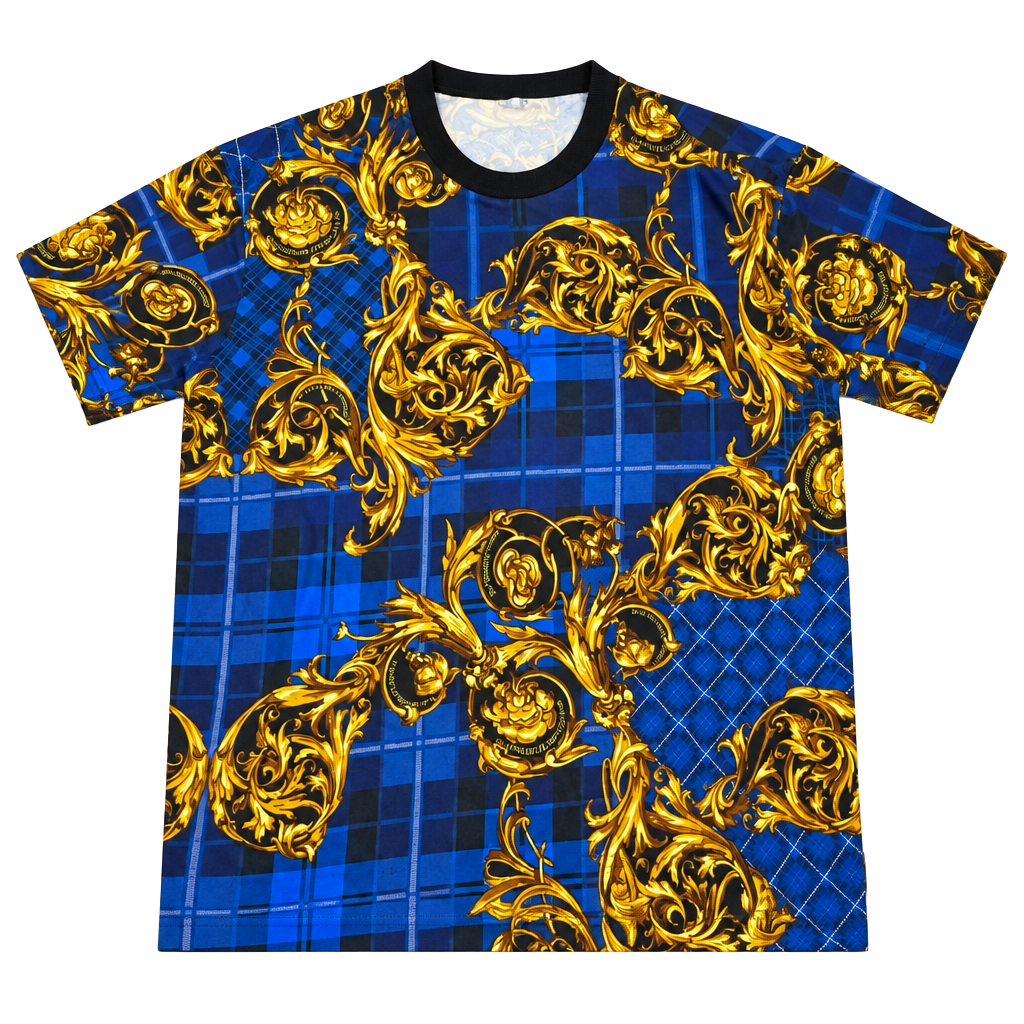 Versace Jeans Baroque Plaid T-Shirt Blue Gold Short Sleeve 1