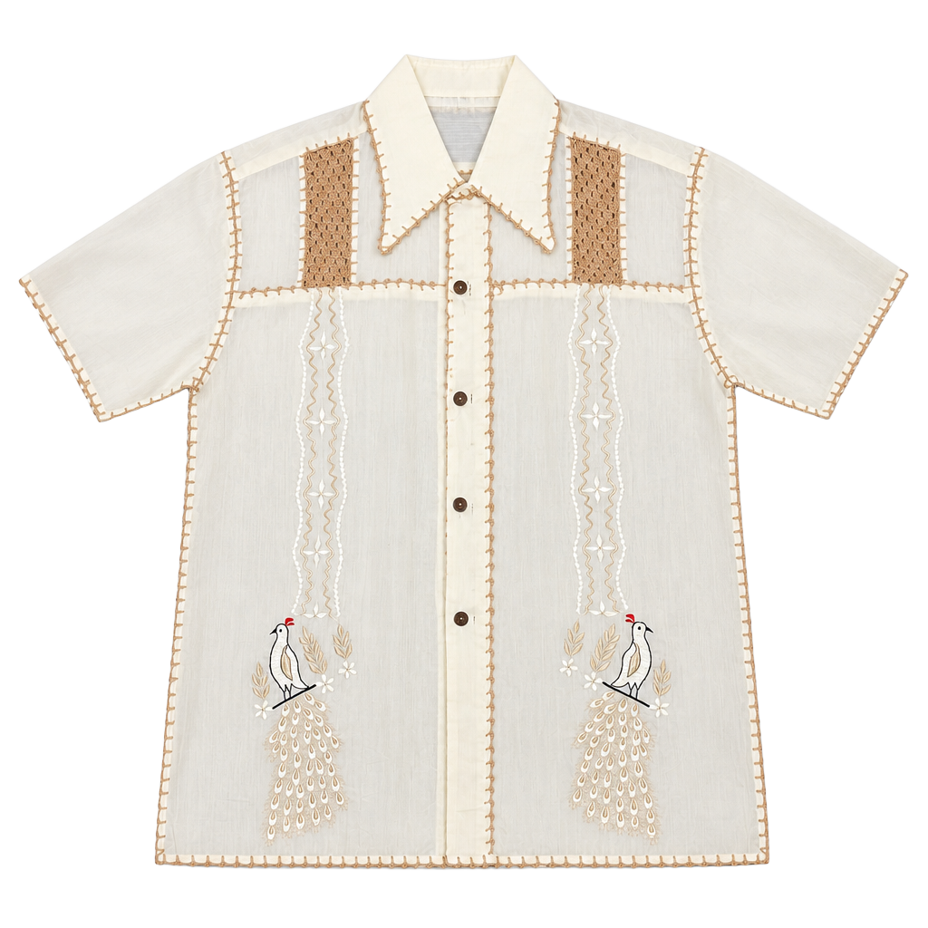 Vintage 60s Hand Crafted Sheer Embroidered Guayabera Style Shirt with Peacock Detail 1