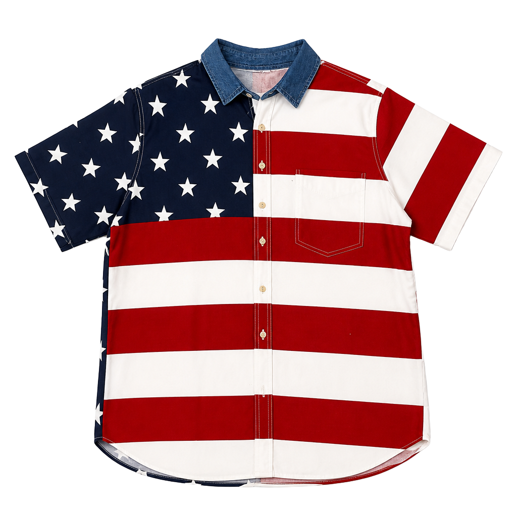 Vintage American Flag Stars and Stripes Short Sleeve Button Down Shirt with Denim Collar 1