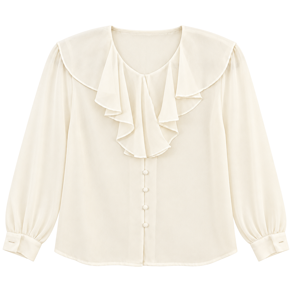 Liz Claiborne Petite Blouse Size 6 Ivory Ruffle Front Long Sleeve 1