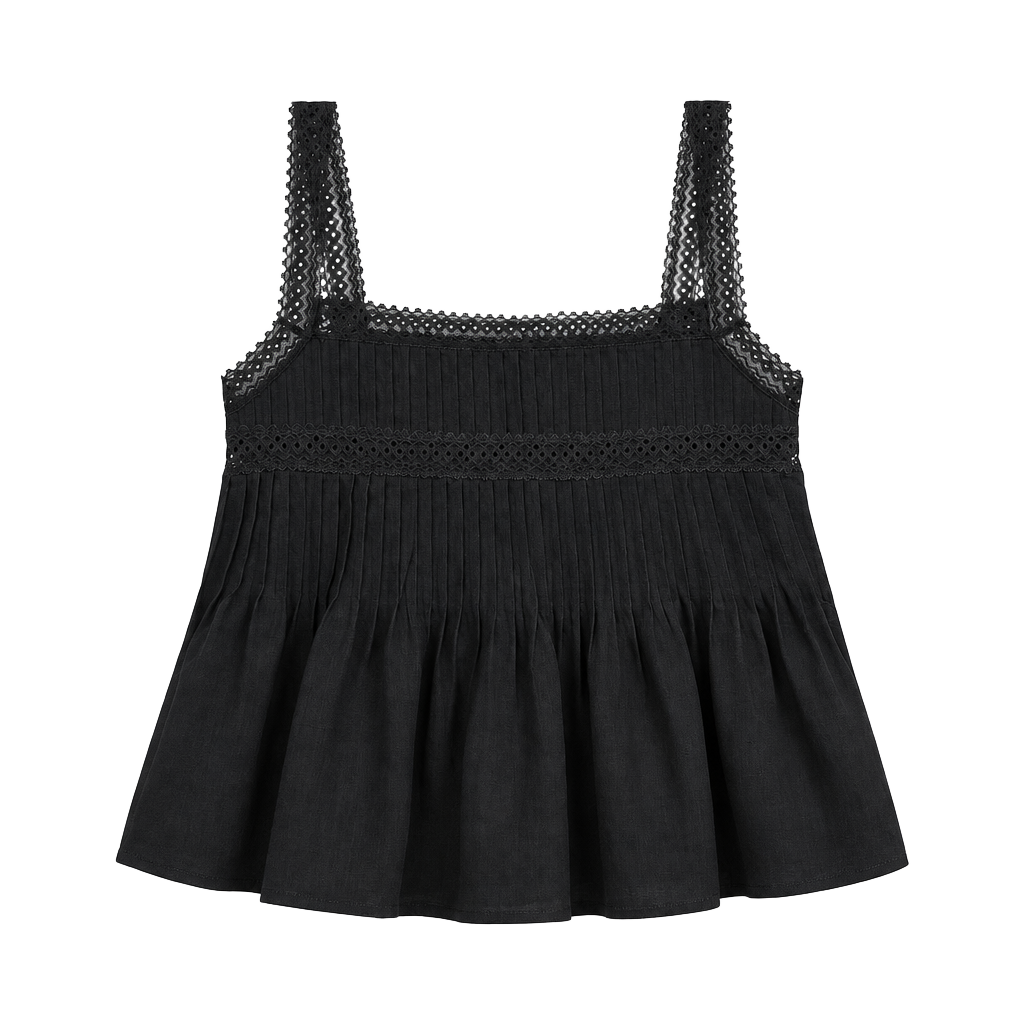 J.Crew Pintuck Tank Top Size S Black Lace Trim Ramie 1