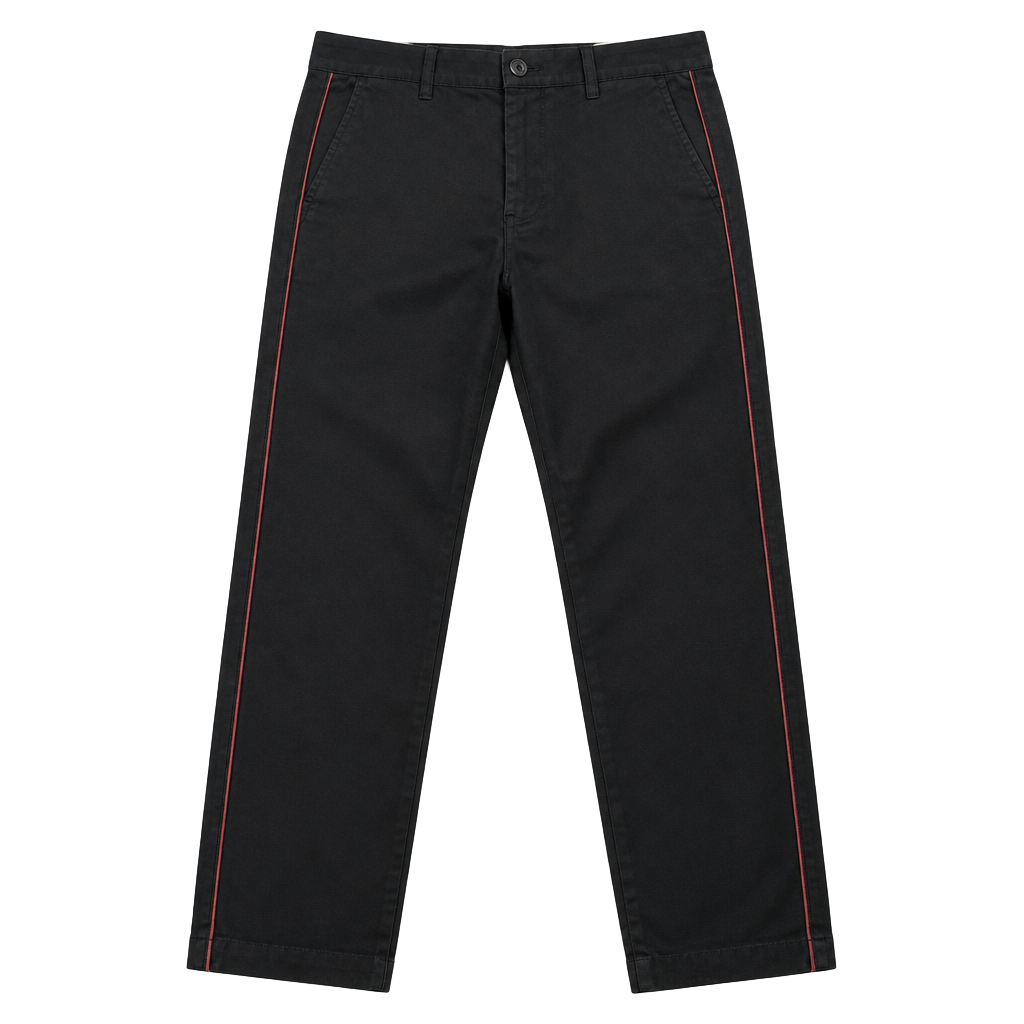 Cosmic Blue Love Black Chino Pants with Red Piping Trim Detail 1