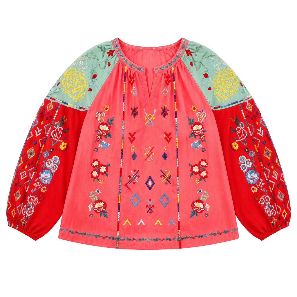 Savanna Jane Coral Mixed Floral Embroidered Boho Peasant Top 1