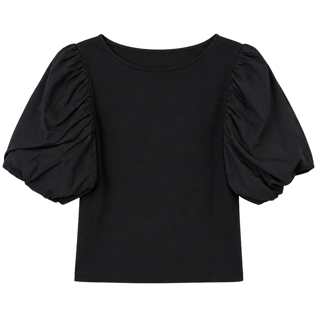 Black Puff Sleeve Blouse Womens XXL Short Balloon Sleeve Crew Neck Statement Top 1