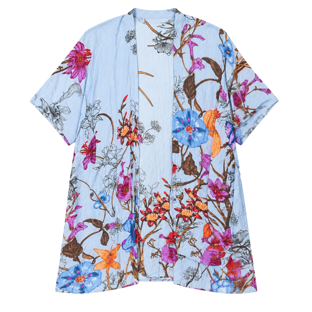 Women’s Blue Floral Kimono One Size Sheer Lightweight Boho Beach Cover Up 1