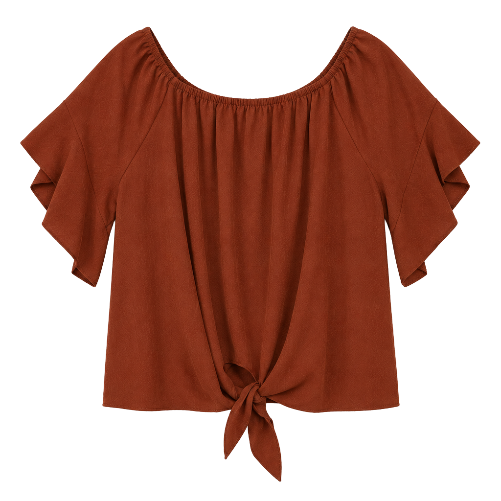 Lucky & More Womens XL Rust Brown Off Shoulder Blouse Ruffle Sleeve Tie Front 1